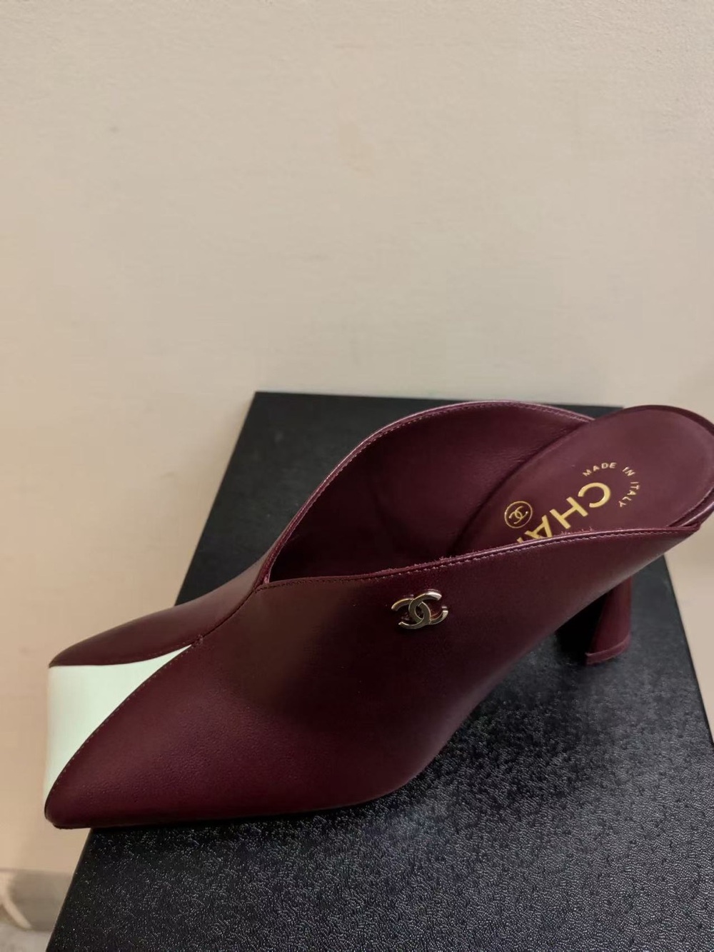 Chanel Lambskin Dark Burgundy & Light Green Mules G47606 Lambskin Burgundy &